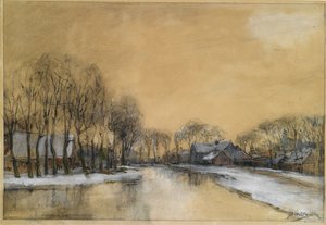 A Winter Landscape with Houses along a Canal